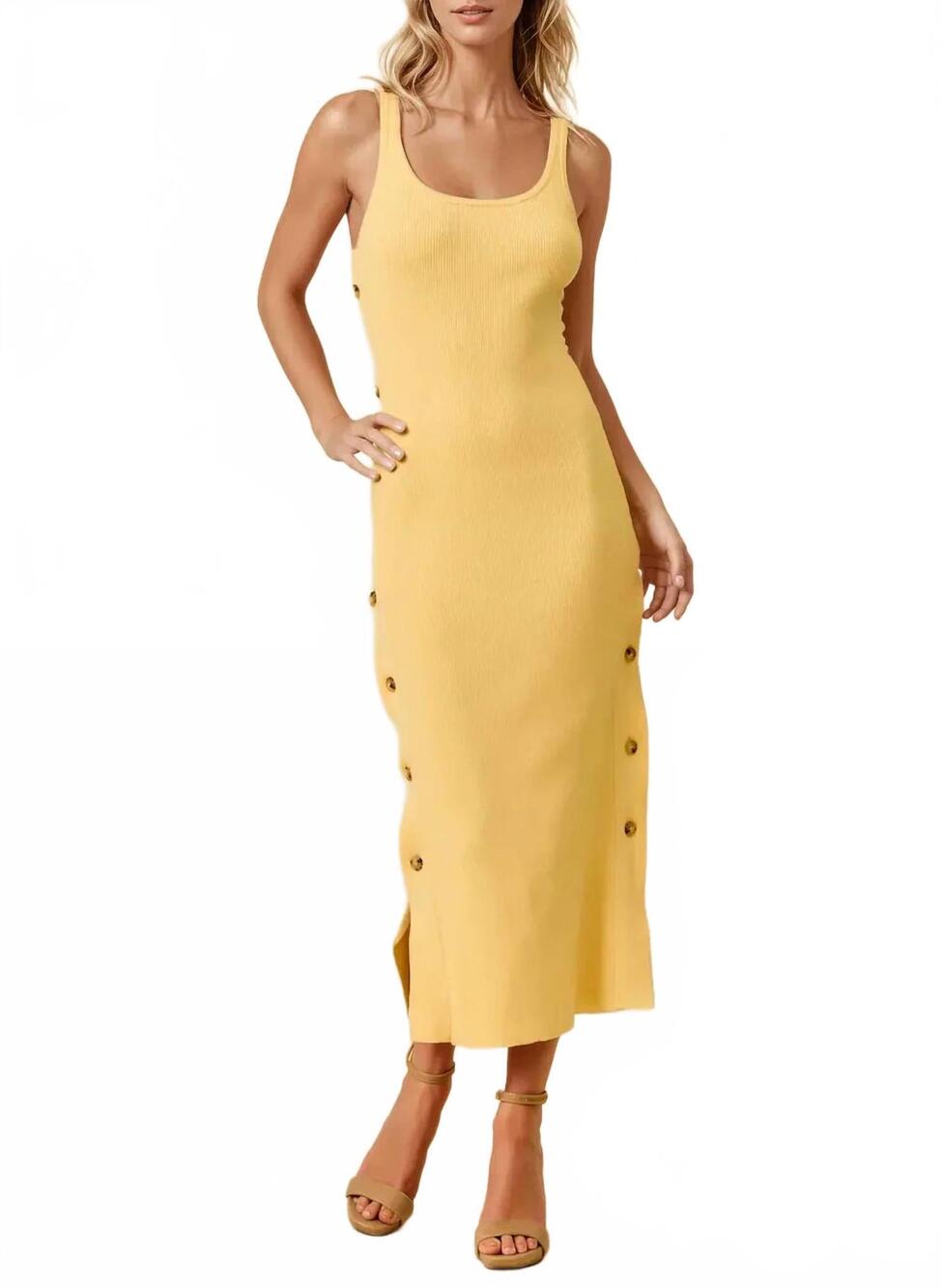 NEW DOE AND RAE magnolia asymmetrical sweater ribbed tank dress in yellow